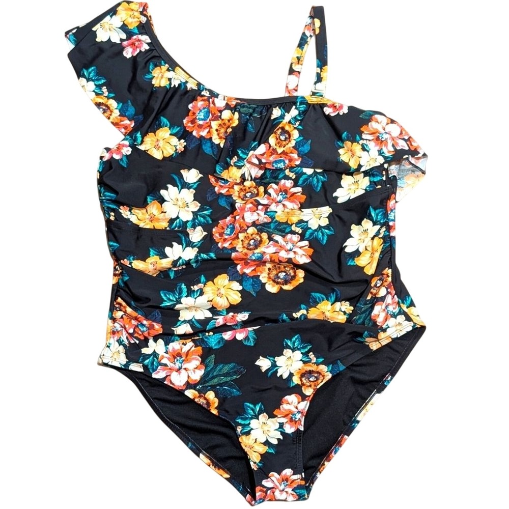Boutique Plus 2X Swimsuit Floral‎ Print Sexy 1 Piece Swim Suit 1 Shoulder Ruffle